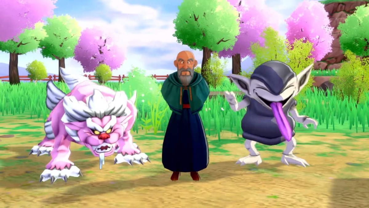 An old man standing beside two monsters in Dragon Quest Monsters: The Dark Prince
