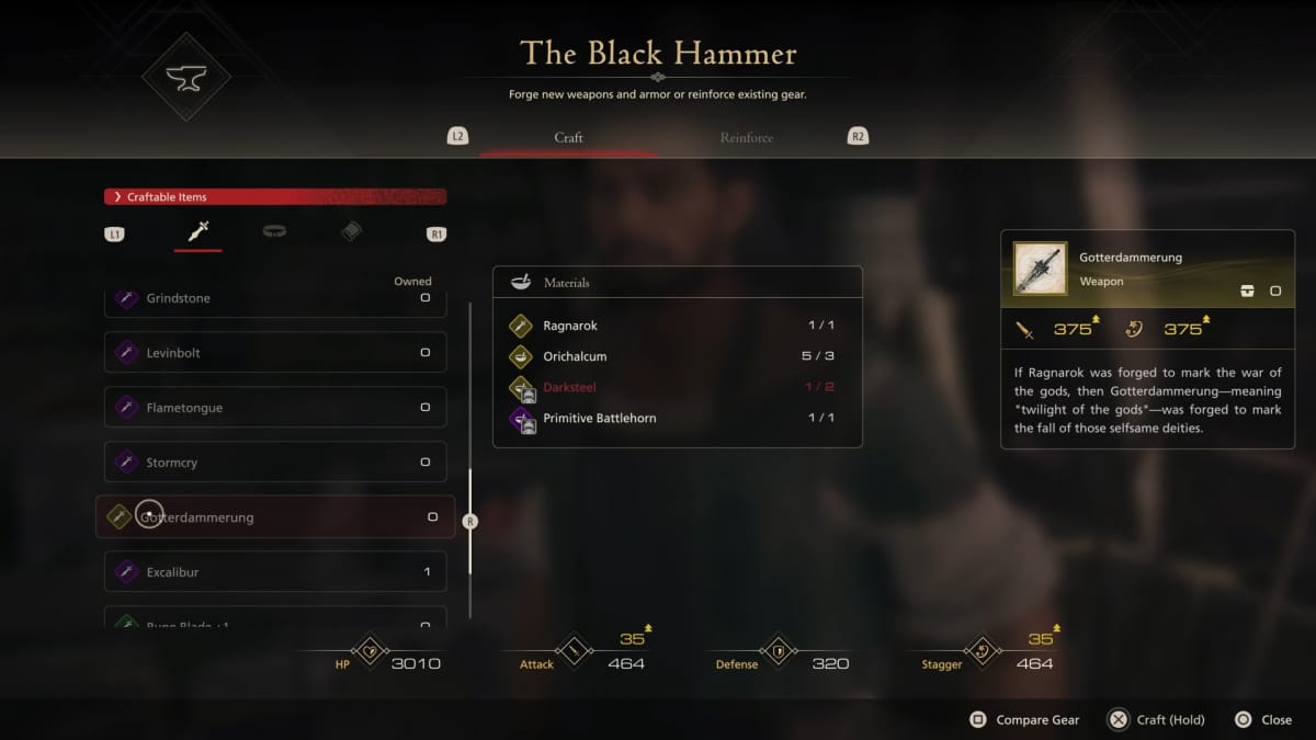The Blacksmith crafting screen showing the Gotterdammerung in Final Fantasy XVI