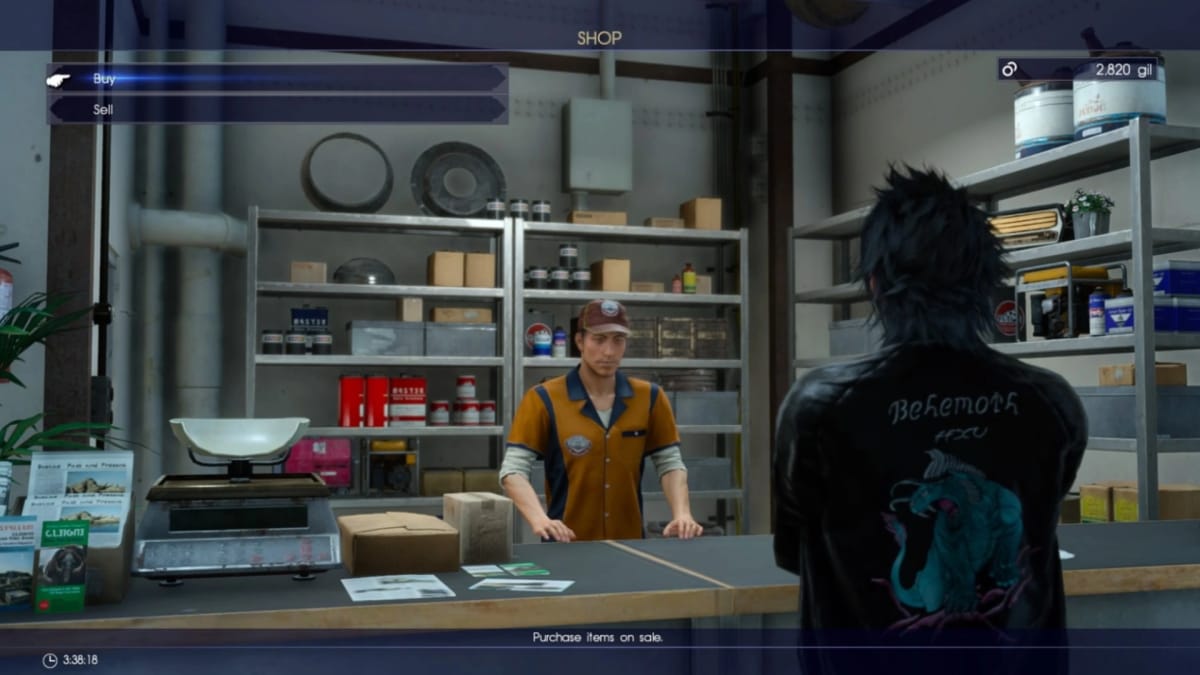 Final Fantasy XV screenshot showing two men standing in a shop .