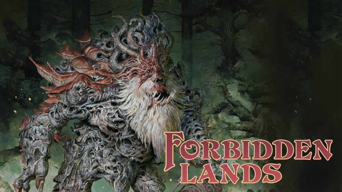 Official artwork of the Forbidden Lands expansion Book of Beasts, showing a large mutated giant creature towering over a knight in armor