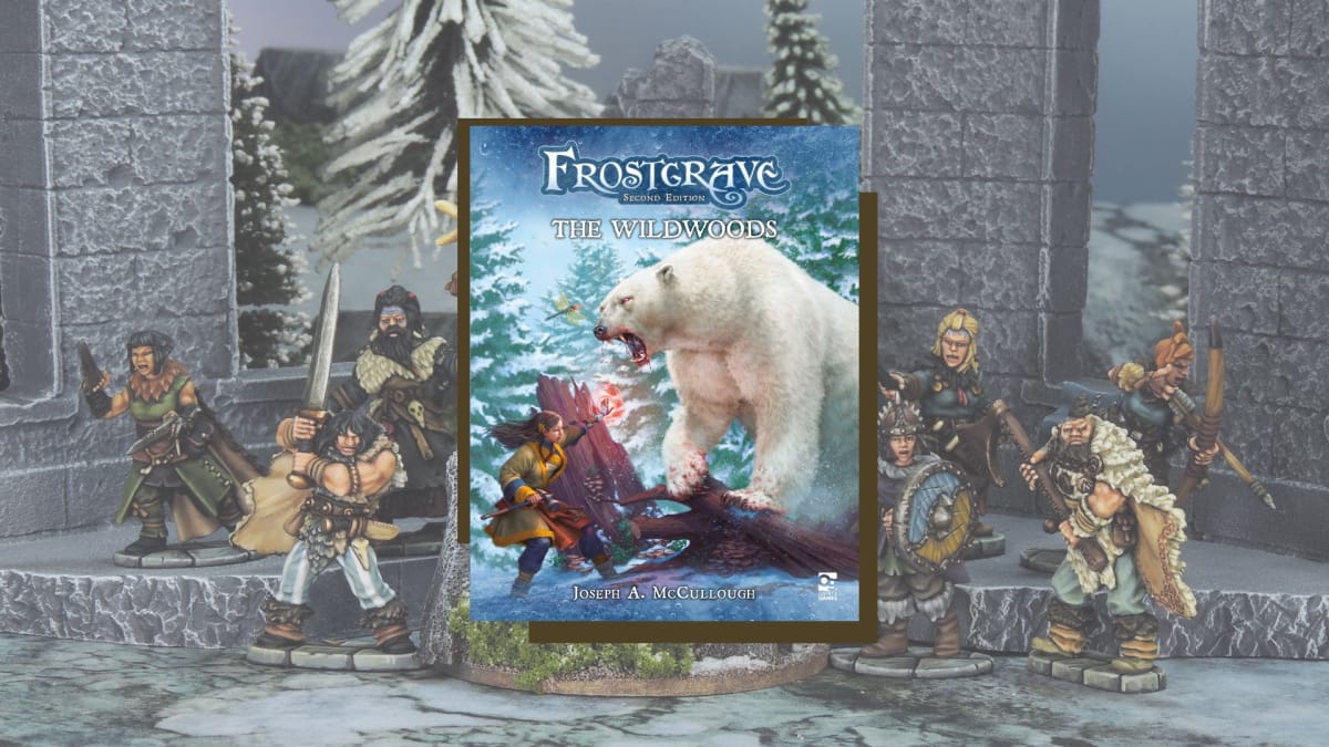 An image of Frostgrave: The Wildwoods, a new expansion for Frostgrave set on top of a photograph of painted miniatures.