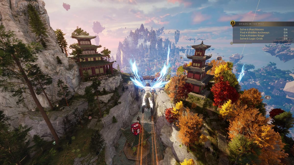 Islands of Insight where the player is flying around looking at several islands in the sky, with the nearest having asian-inspired architecture, while a goal tracker is in the top right
