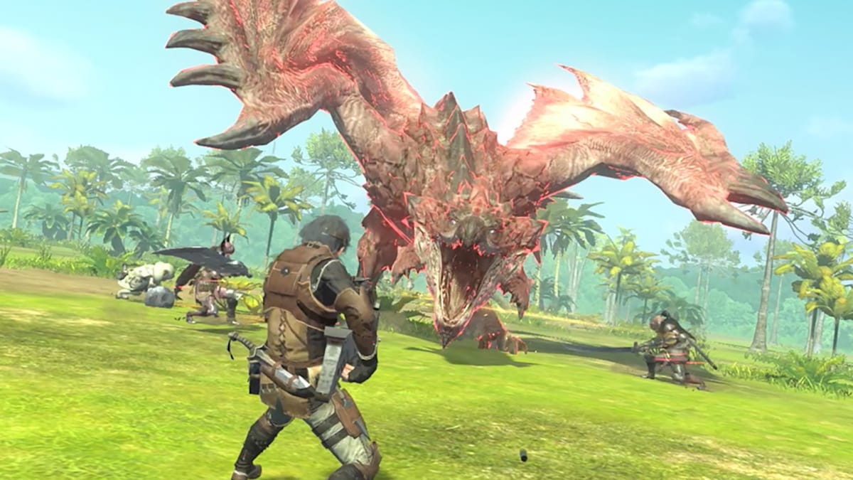 A Monster Hunter standing in front of a roaring Rathalos.