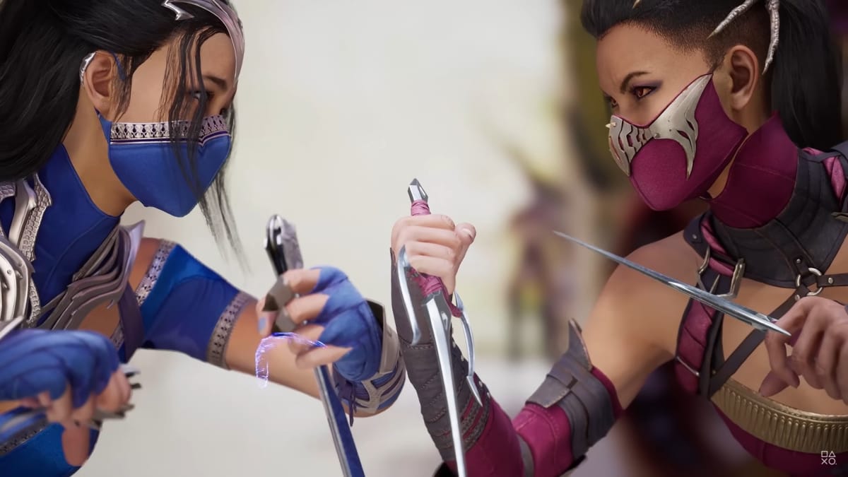 Mileena and Kitana from Mortal Kombat 1 clash in a cutscene