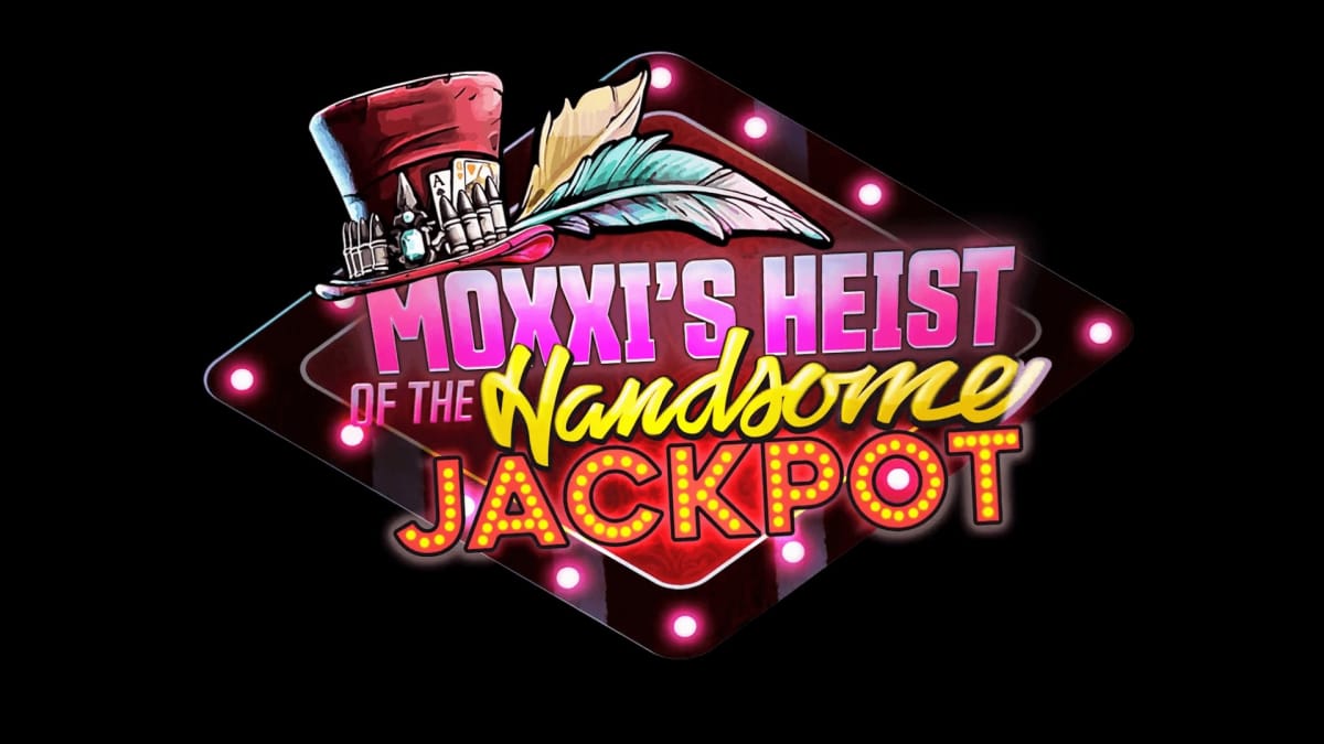 Artwork depicting the logo for the Borderlands 3 DLC: Moxxi's Heist of the Handsome Jackpot, primarily made of vibrant colours and casino-esque paraphernalia 