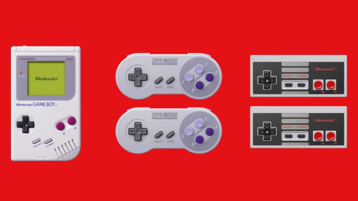 A Game Boy, two SNES controllers, and two NES controllers to represent the new games on Nintendo Switch Online