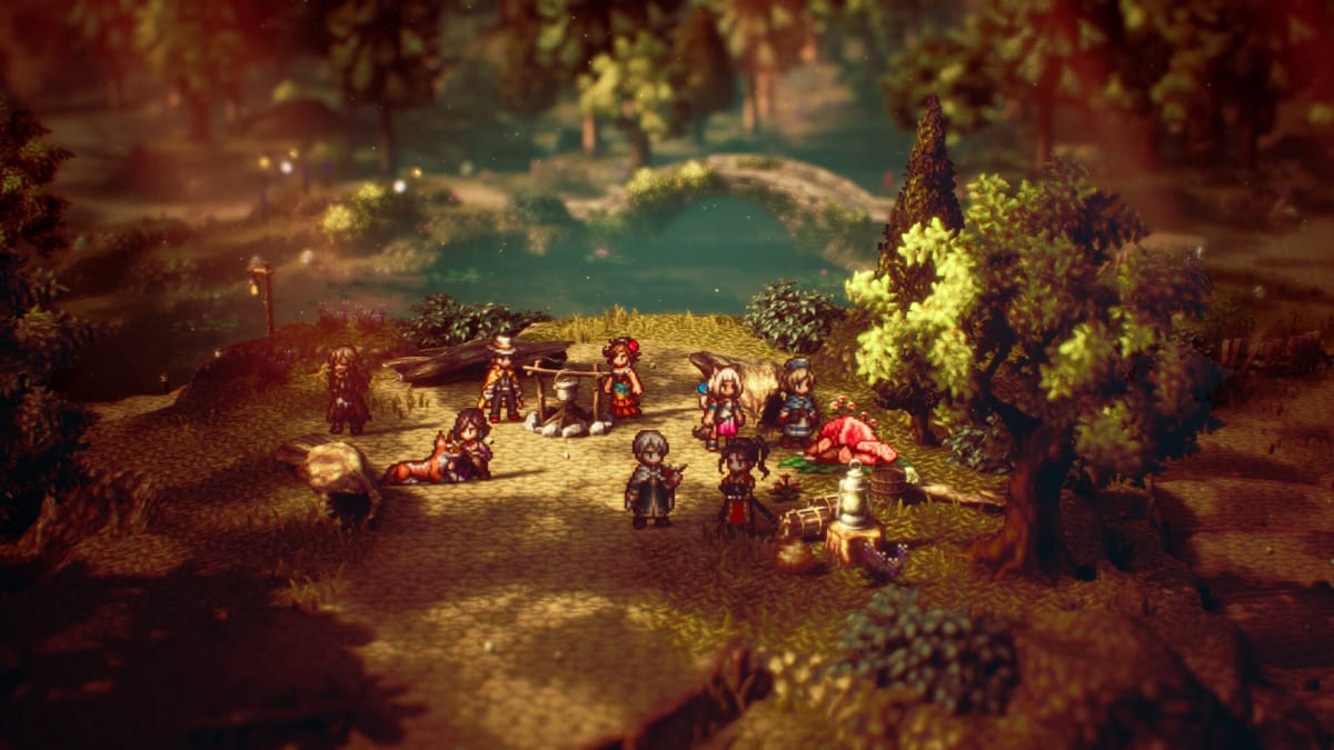 The cast of Octopath Traveler 2 sitting around a camp area in a forest