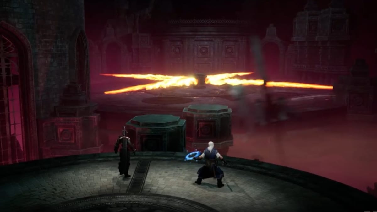 A screenshot from the Pathfinder: Abomination Vaults gameplay trailer, showing players going through a dungeon with fire jet traps.