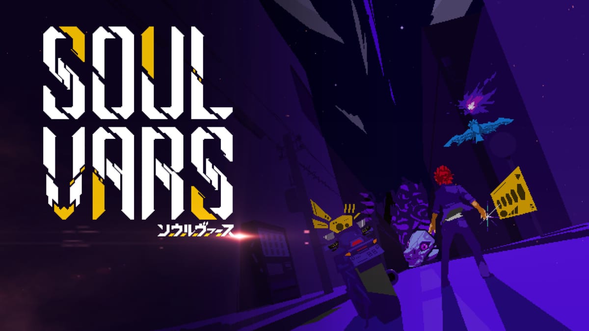 A spread-shot cover of SOULVARS, showcasing the game's logo and the main character Yakumo standing in a lonely street with a purple beast staring at him
