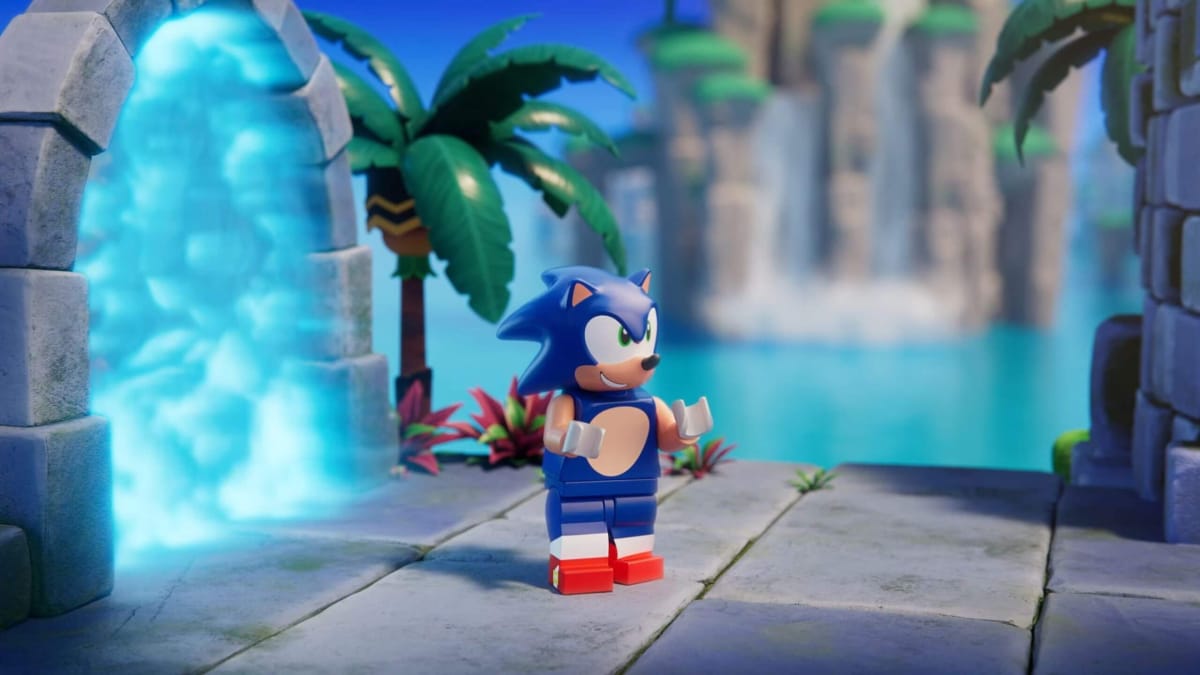 A Lego Sonic figure looking smug and walking out of a portal in the Sonic Superstars Lego Sonic DLC
