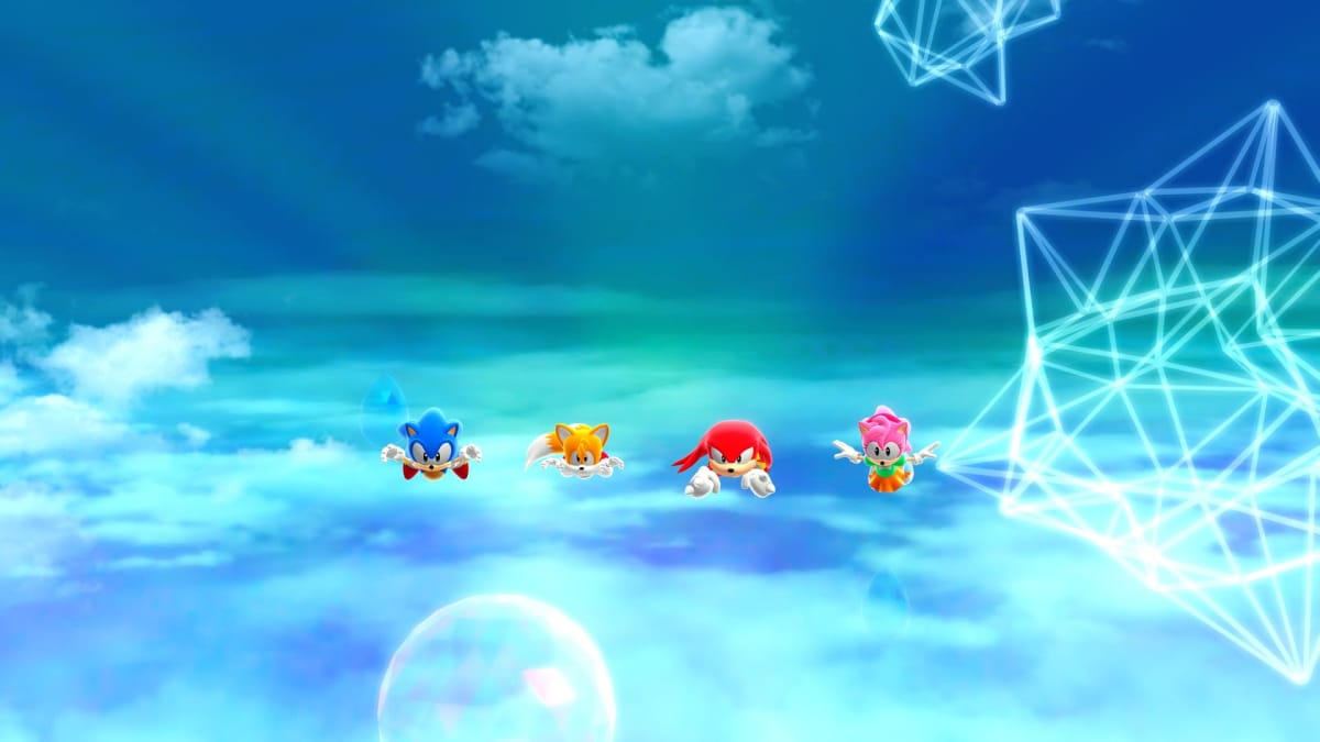 Sonic, Tails, Knuckles, and Amy flying through the air in Sonic Superstars.