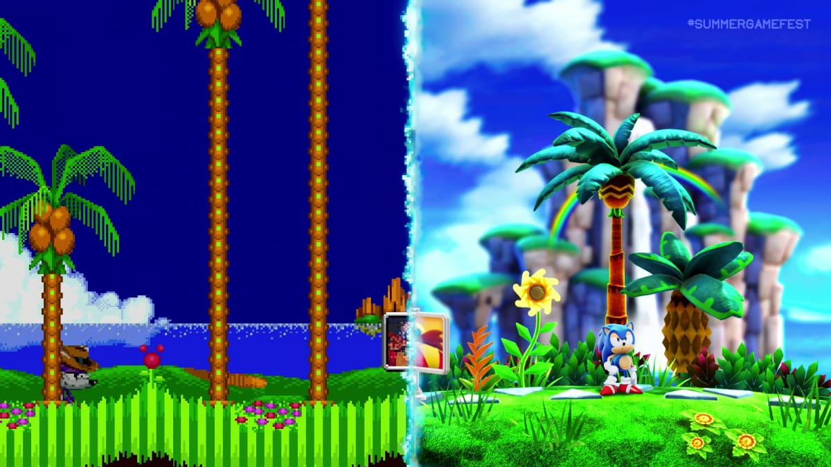 Sonic Superstars Screenshot of Sonic Standing in 3D Section of Level With 2D Section Behind Him