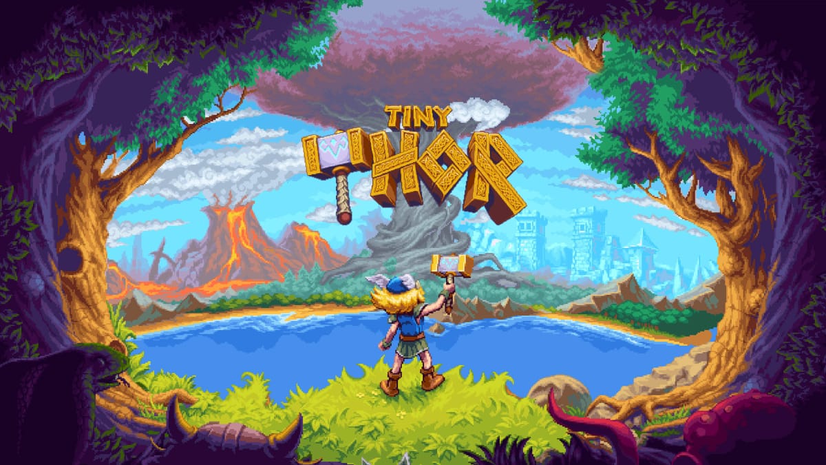 The key art for Tiny Thor, which depicts the young Thor wielding Mjolnir and staring off into the distance