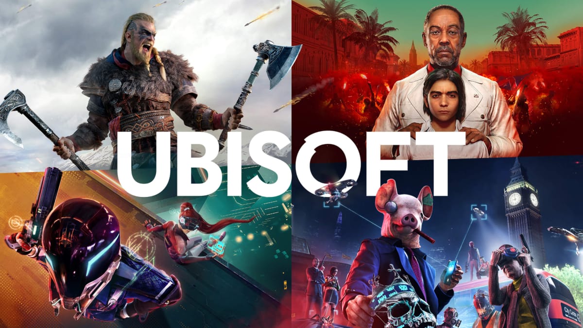 Key art depicting four Ubisoft games as well as the studio's logo