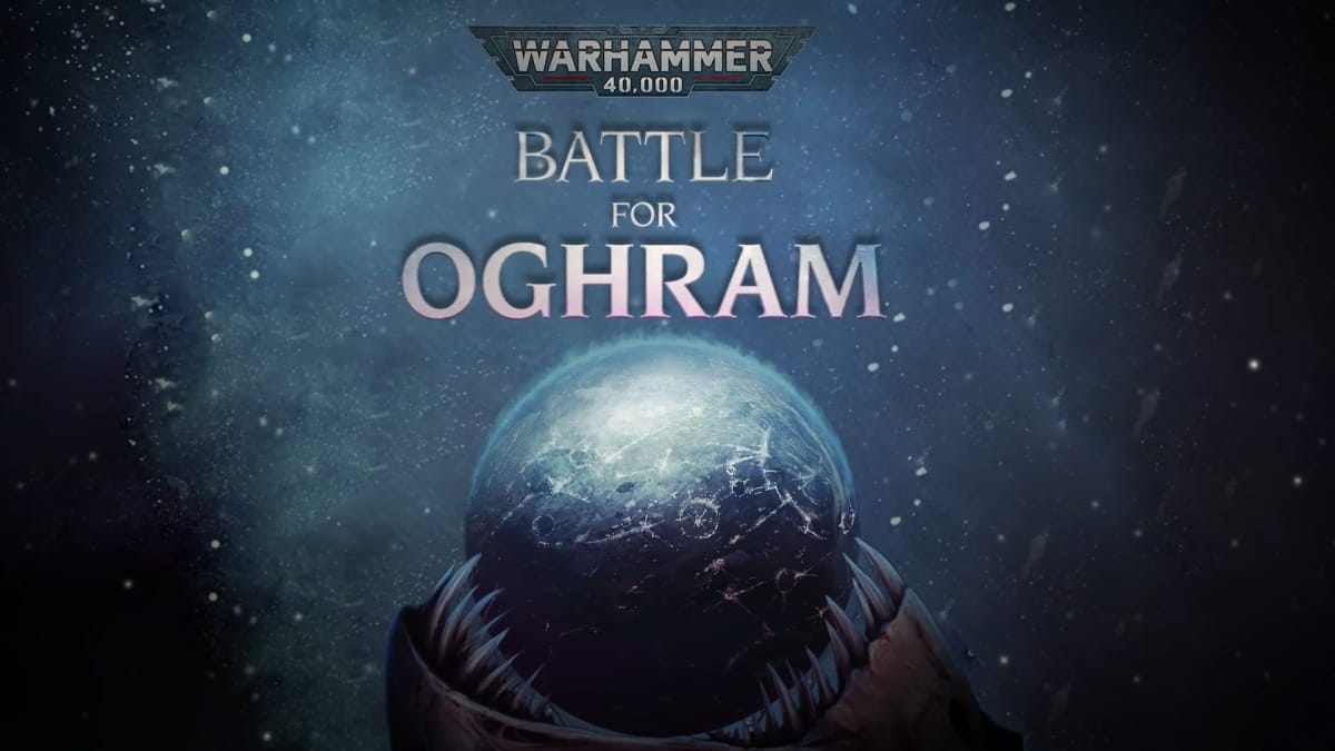 Promotional artwork for Warhammer 40k Battle For Oghram, showing a planet slowly being devoured by a giant insect creature