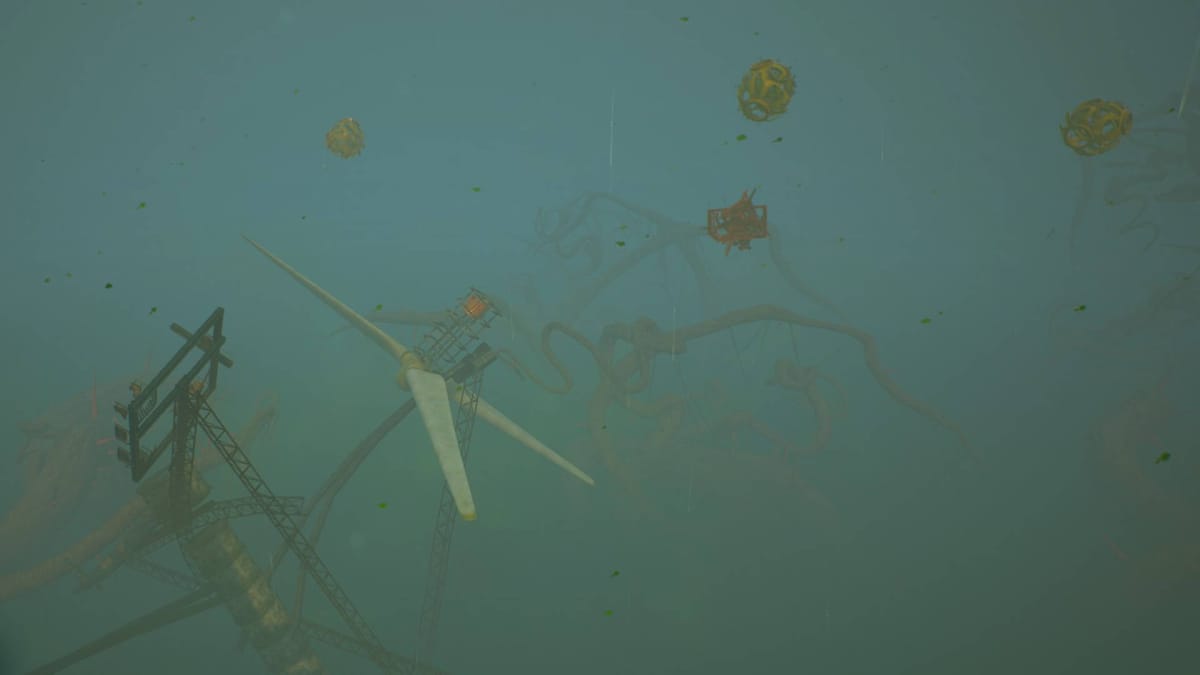 Where to Find Resources in Forever Skies - Cover Image Destroyed Wind Turbine with Synthetics and Metals Floating in the Air