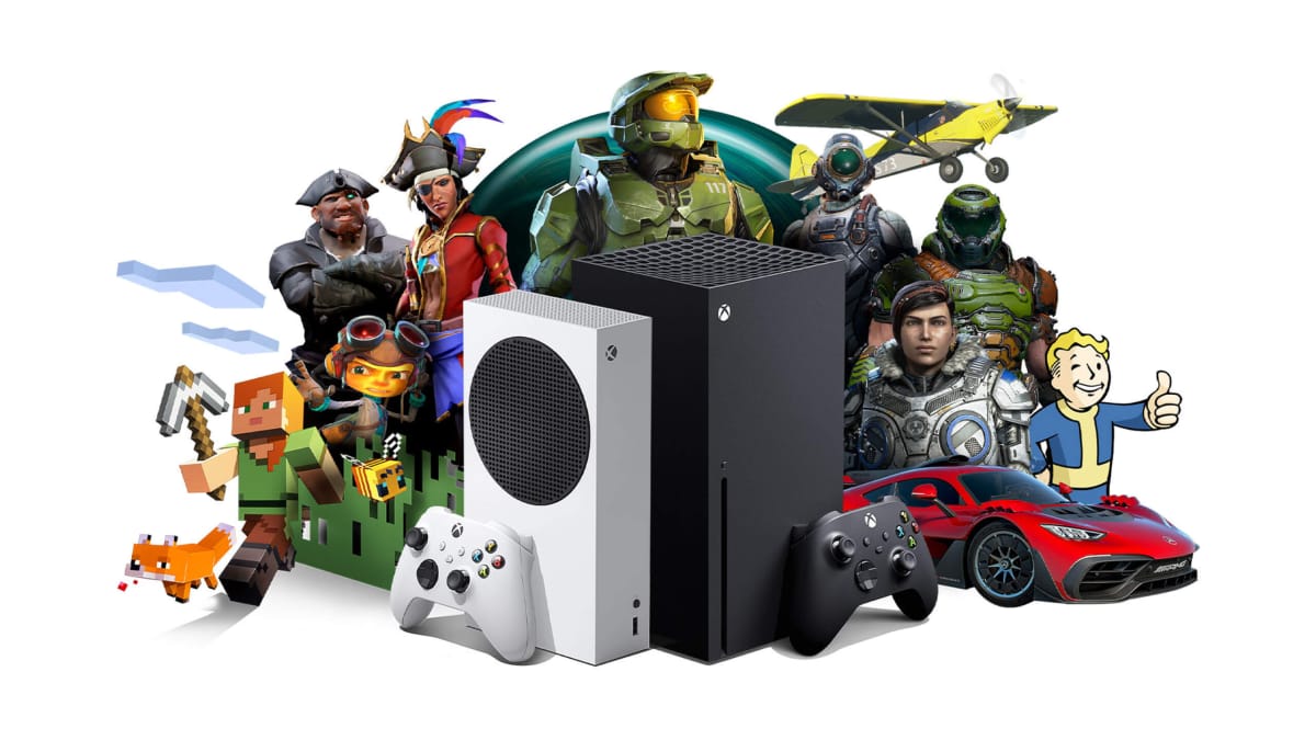 The Xbox Series S and Series X consoles against a backdrop of some of the consoles' most popular games