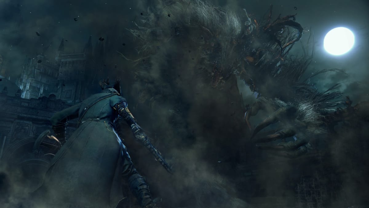 bloodborne screenshot showing a man facing a huge beast with lots of fur and claws. 