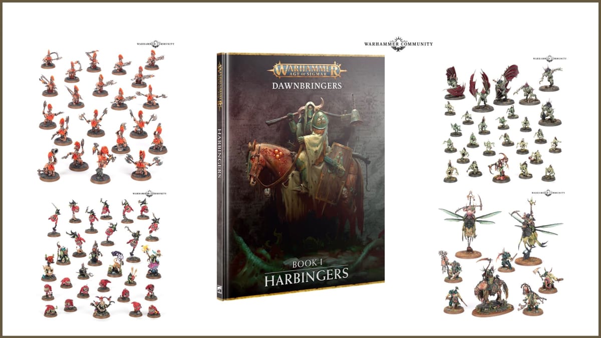 An image of four new regiments of renown and the new supplement book for Warhammer Dawnbringers 