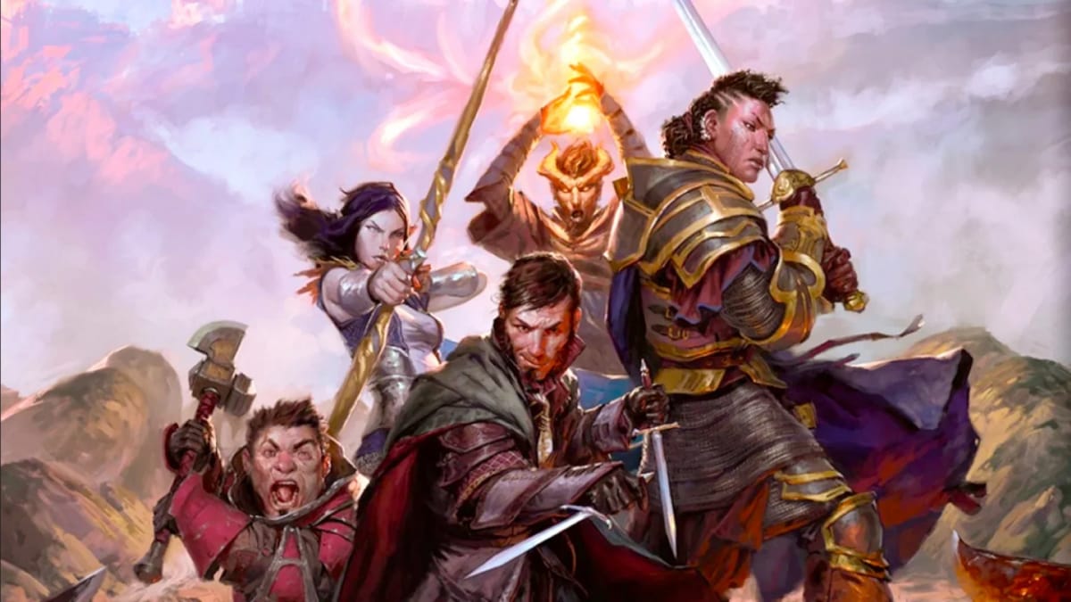 Artwork of a D&D adventuring party in a group shot, featuring a rogue, a spellcaster, an archer, a knight in armor, and a fighter with an axe.