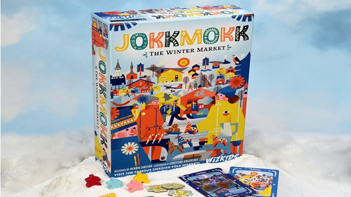 The box art for Jokkmokk: The Winter Market board game, displayed on a light blue background.