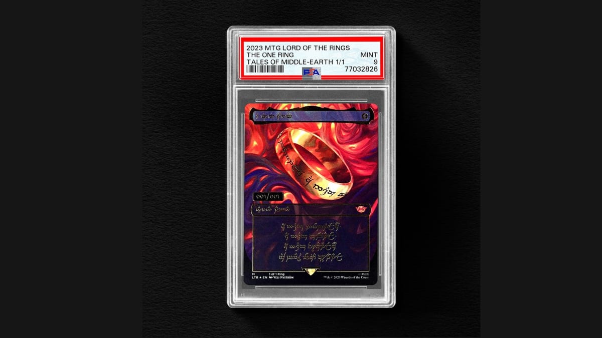 A screenshot of the one-of-a-kind version of The One Ring Magic card, authenticated and graded by the PSA