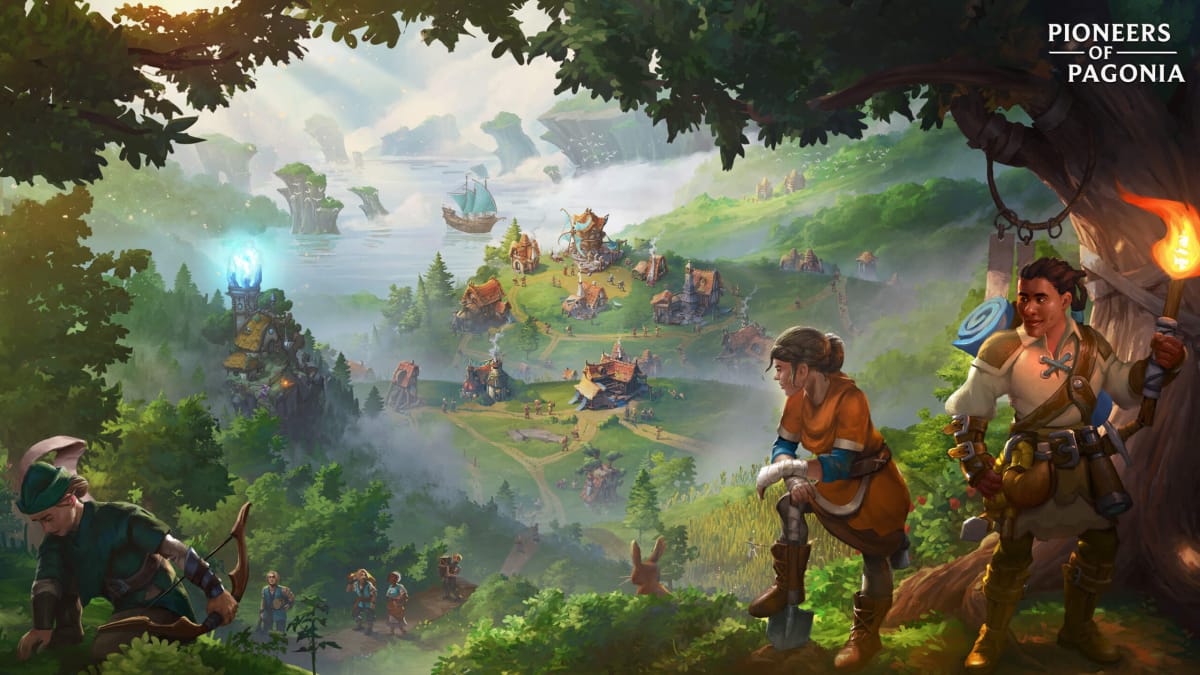 Key art depicting characters looking out over a bustling settlement in Pioneers of Pagonia