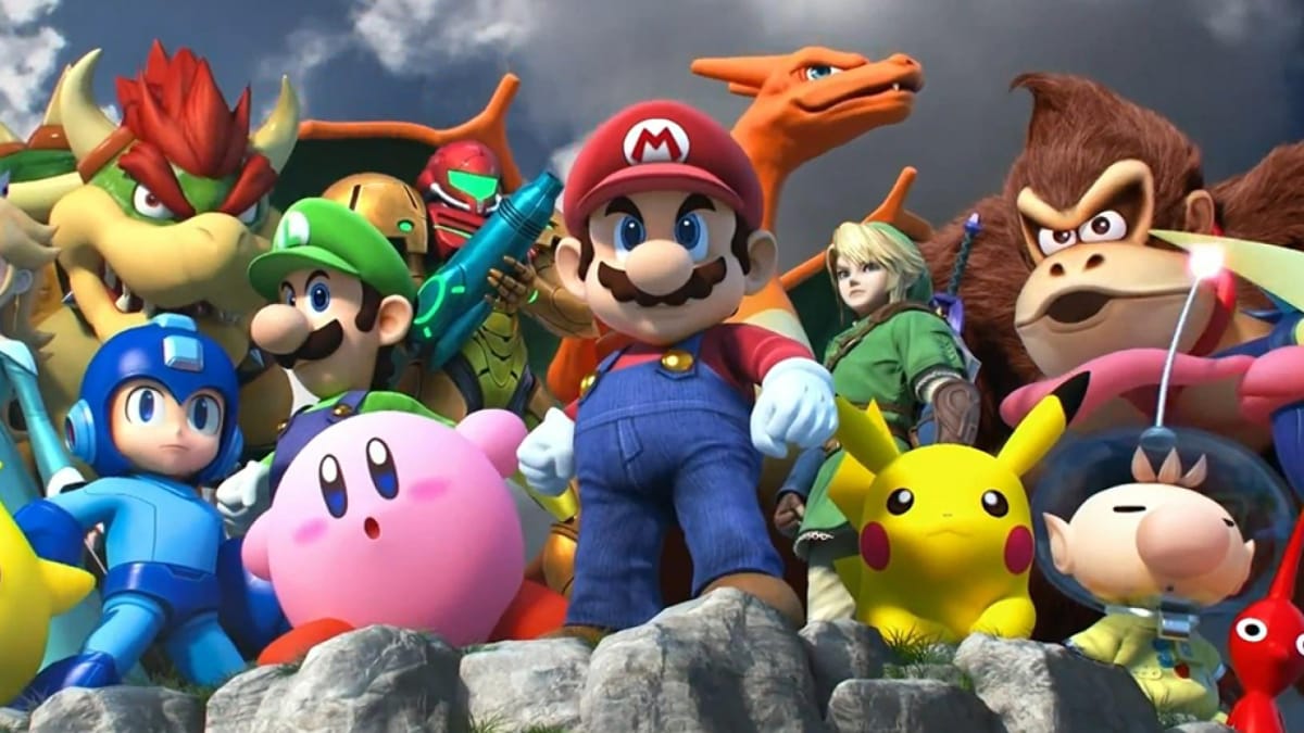 Smash Bros artwor showing a plethora of NIntendo and video game characters standing in a crowd facing just off screen. 