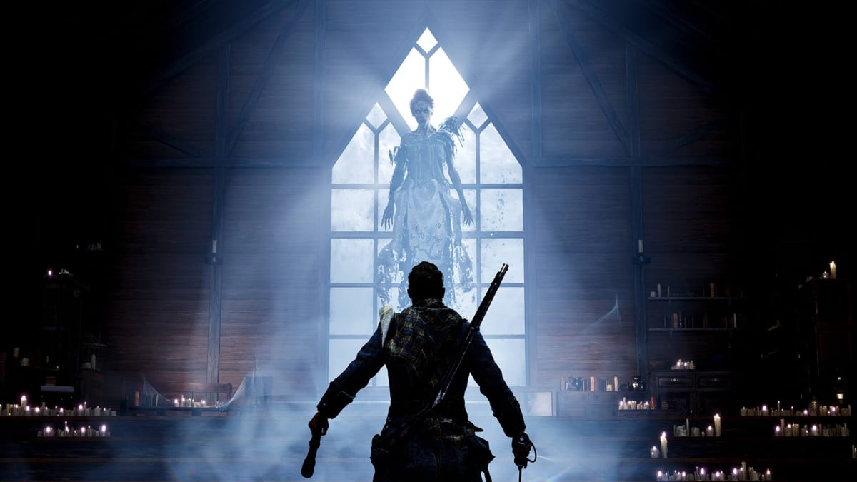 A character in silhouette standing in front of a ghostly figure framed by a window in the Don't Nod game Banishers: Ghosts of New Eden