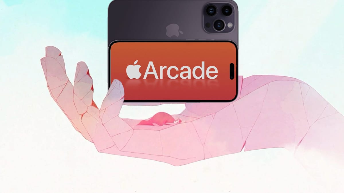 GRIS' mother from the video game Gris holds an iPhone in her hand, showcasing the Apple Arcade logo