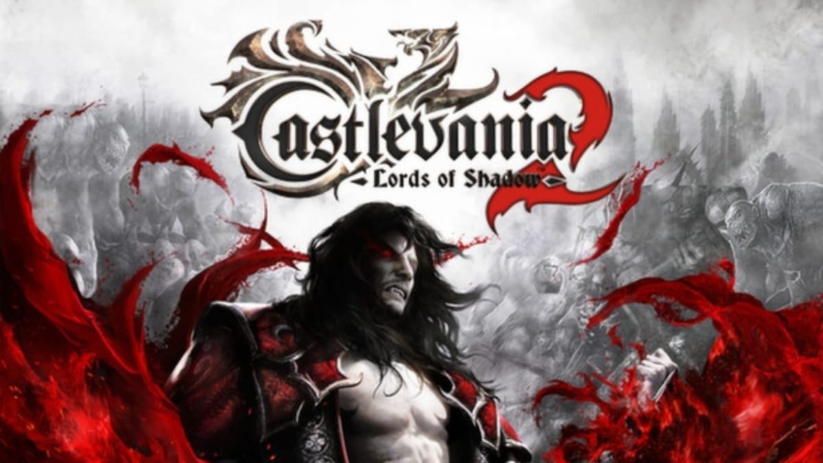 Castlevania 2 Lords of Shadow artwork showing a bare-chested man standing in an abstract swirl of blood-red smoke. 