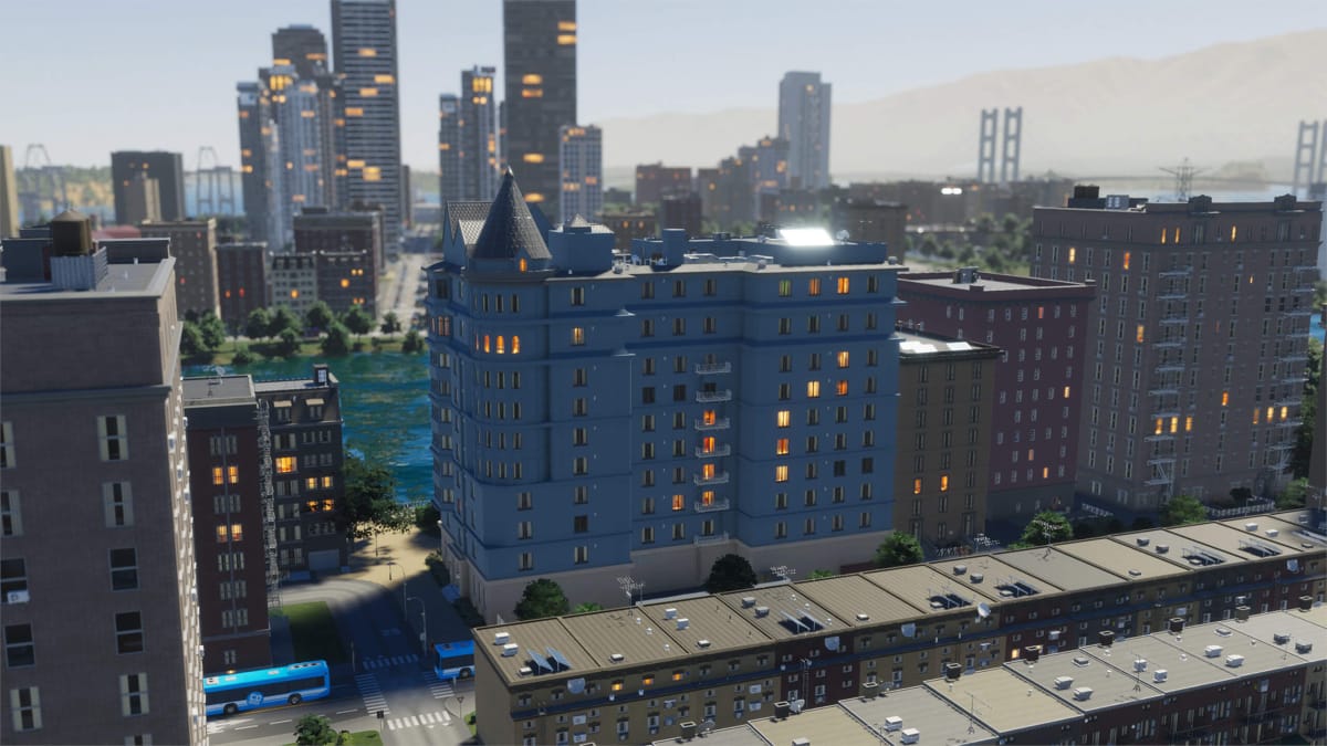 A signature residential building standing tall in a Cities: Skylines 2 city