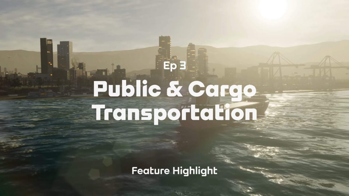 A boat in Cities: Skylines 2 with the text "Ep 3 Public & Cargo Transportation Feature Highlight" in front of it