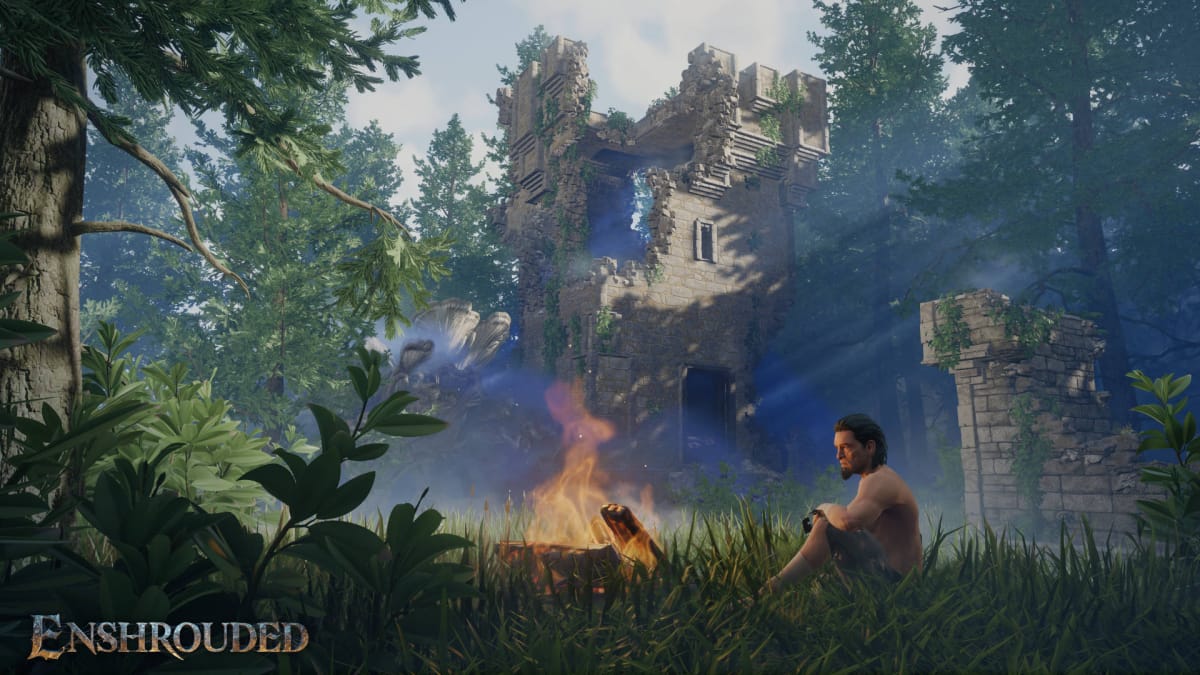Enshrouded Hands-Off Preview - Cover Image Player Character Sitting Next to a Campfire Near a Ruined Tower