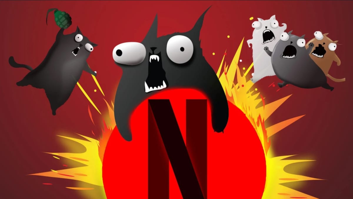 Three kittens on a red background, one holding a grenade, one hanging on to a red sun with the Netflix logo on it, all of which are screaming