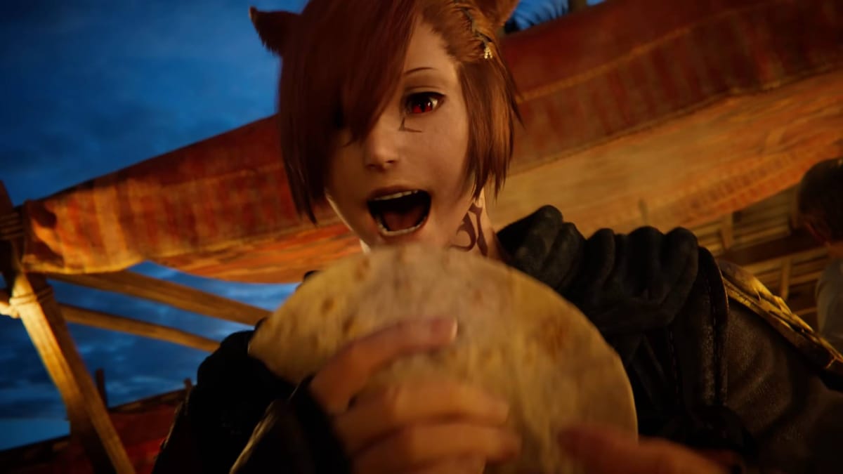 G'raha Tia Tia Eats a Taco in Final Fantasy XIV Dawntrail