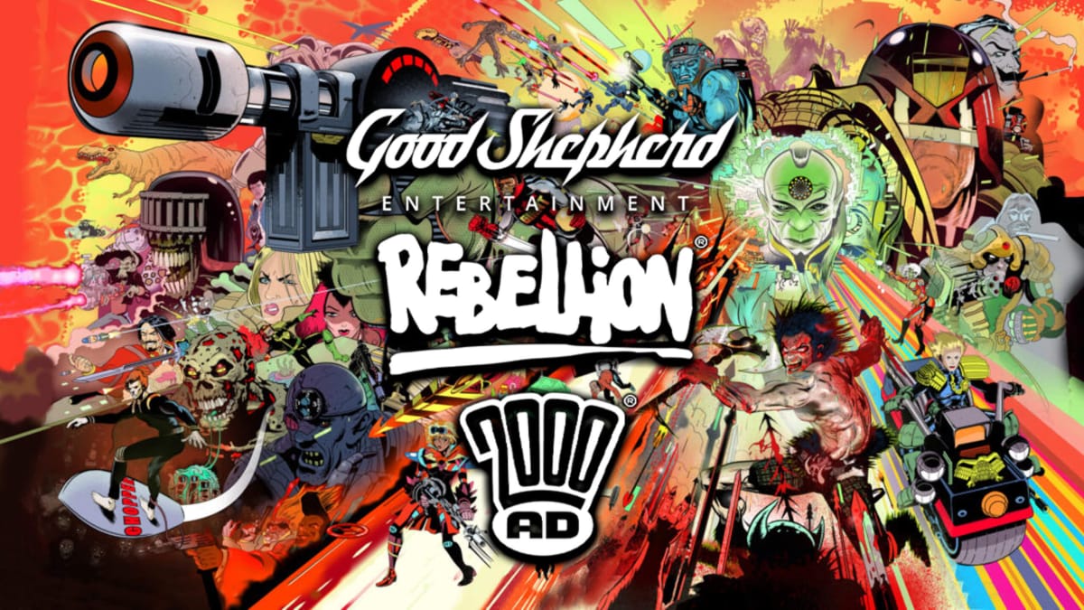 The Good Shepherd, Rebellion, and 2000 AD logos against a backdrop of many of 2000 AD's most iconic franchises