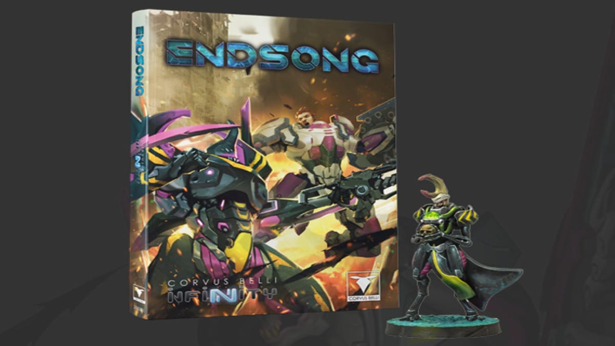 A screenshot of the rulebook of Infinity: Endsong, sitting next to a miniature soldier with green armor