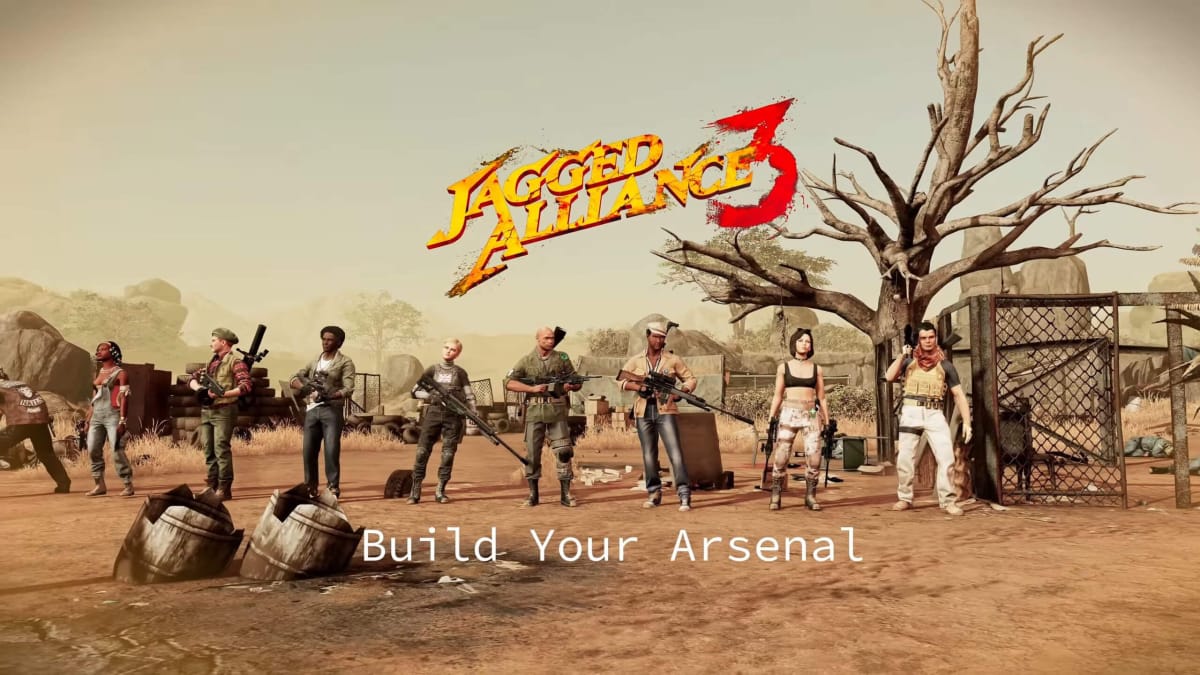 A group of mercenaries standing around with various weapons in the new Jagged Alliance 3 Arsenal trailer
