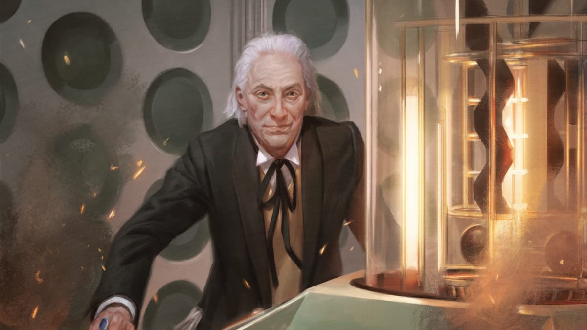 Artwork of The First Doctor inside the TARDIS from the Magic: The Gathering Doctor Who set.