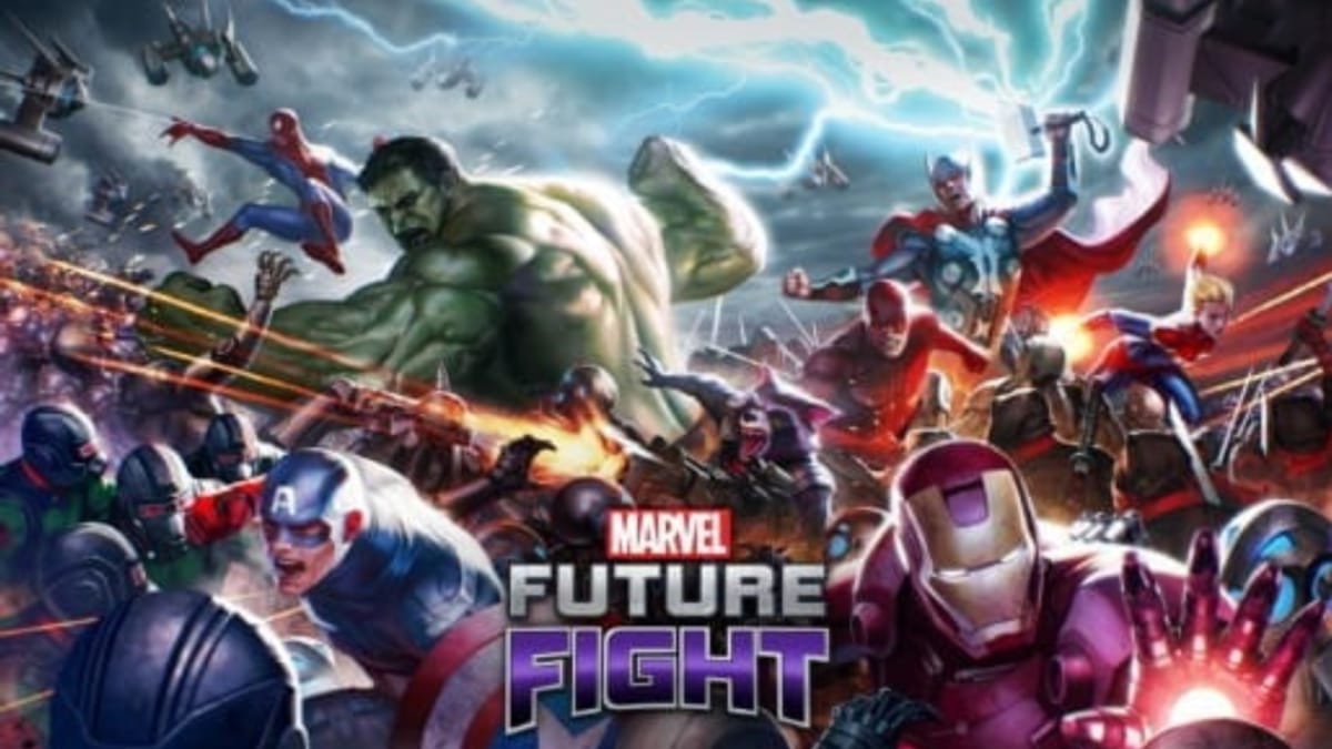 Marvel Future Fight Key Art Depicting a Huge Punch Up Between Various Marvel Heroes and Villains