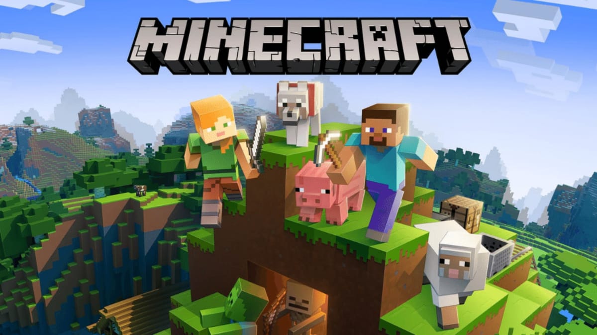 Minecraft key art showing various blocky characters and animals crowding around a hill made of grassy blocks. 