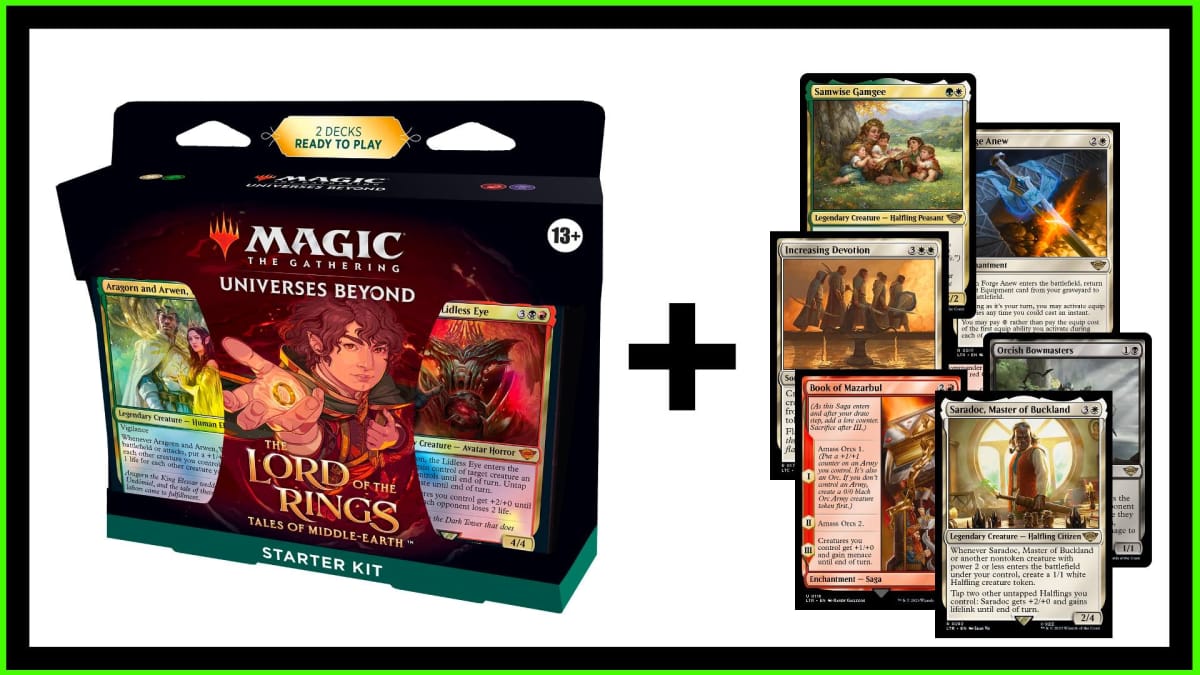 An image of the MTG LOTR Tales of Middle-Earth MTG starter set and some additional cards that can be used to upgrade the deck.