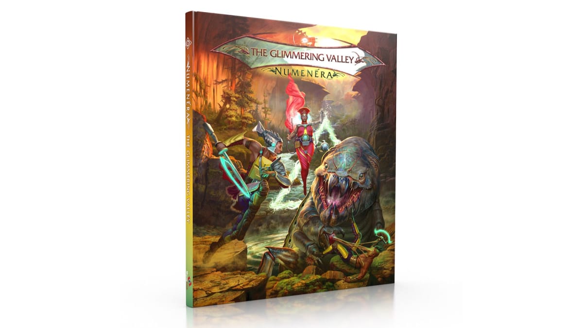 The cover artwork of Numenera The Glimmering Valley, depicting a large toothed monster, a warrior with a glowing sword, and a figure in red armor.