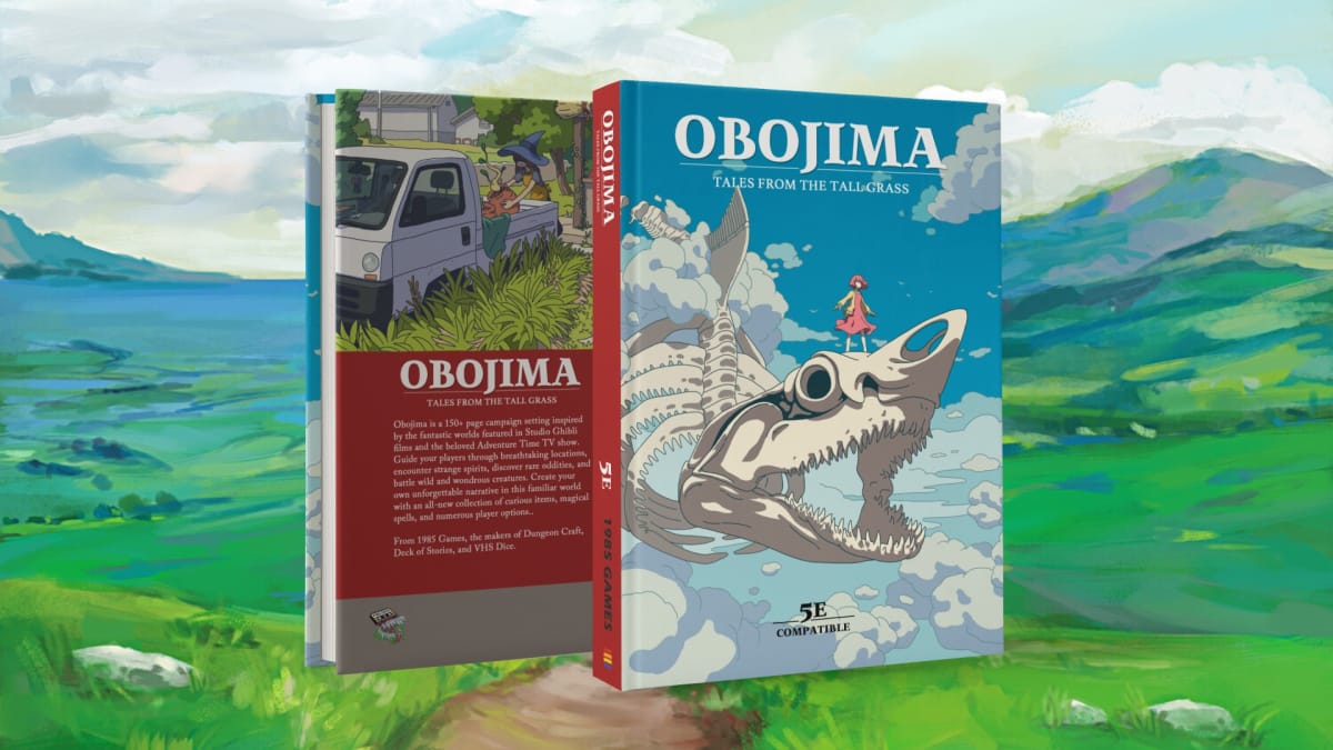 The book cover for Obojima: Tales from the Tall Grass, depicting a young girl in a pink dress riding a large skeletal dragon through a bright cheery sky.