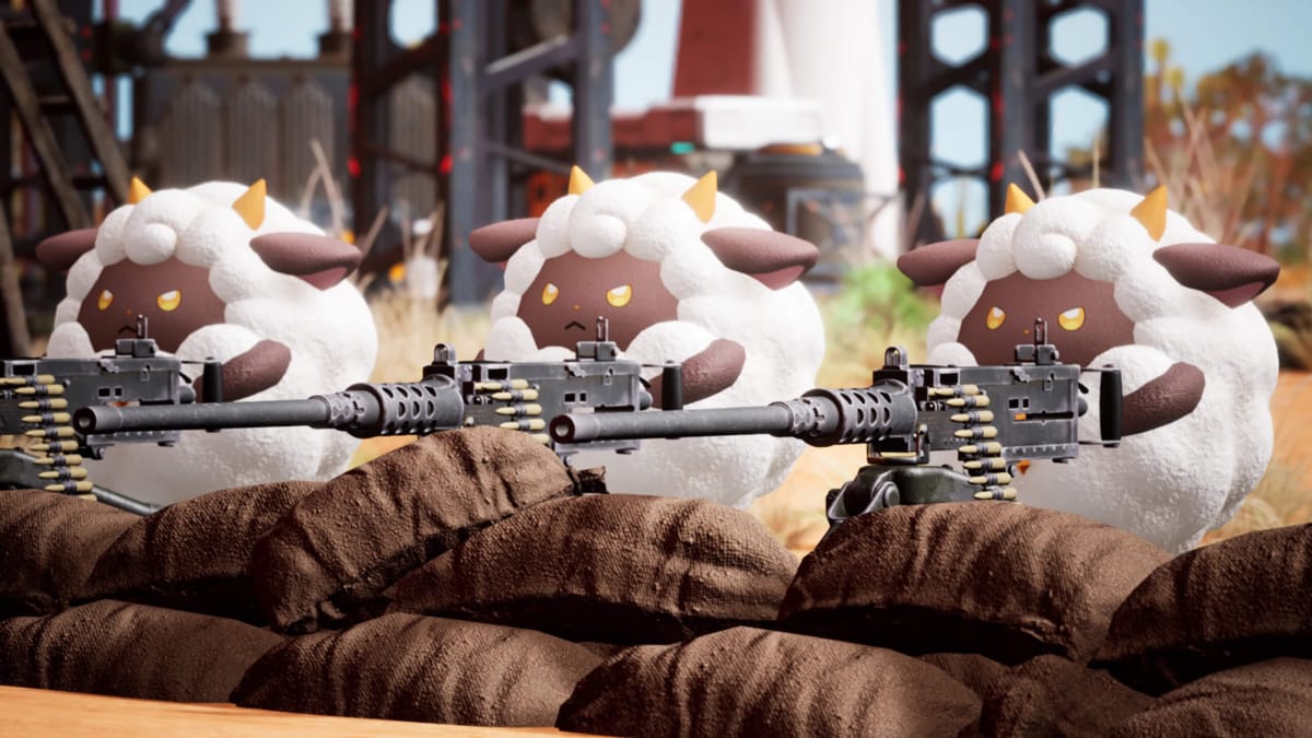 Three sheep-like Pals toting machine guns in Palworld