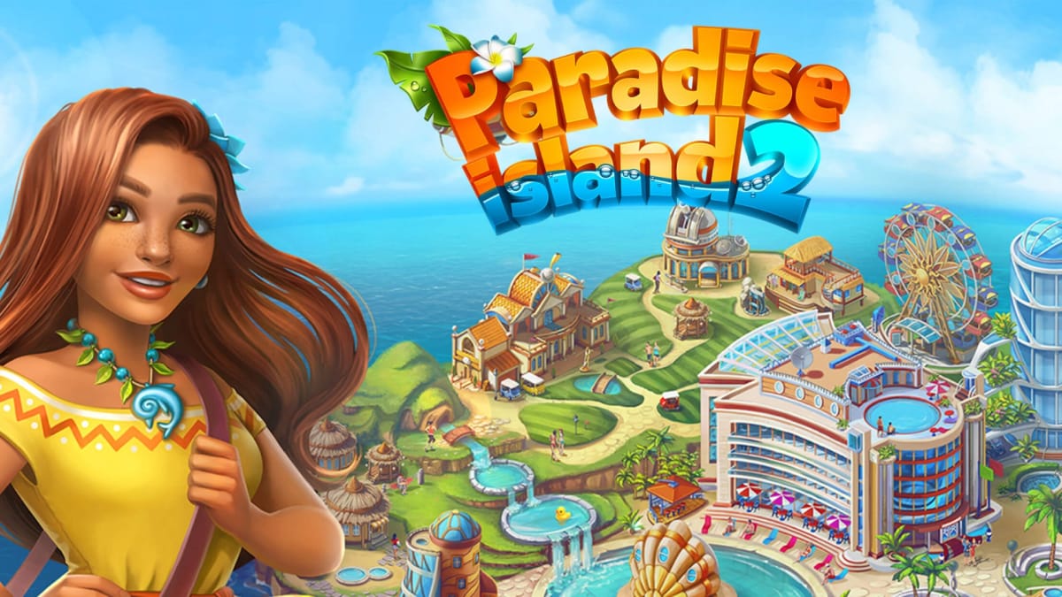 Paradise Island 2 Key Art showing a woman with brown hair standing in front of a generic cityscape with the wname Paradise Island 2 written at the top. 