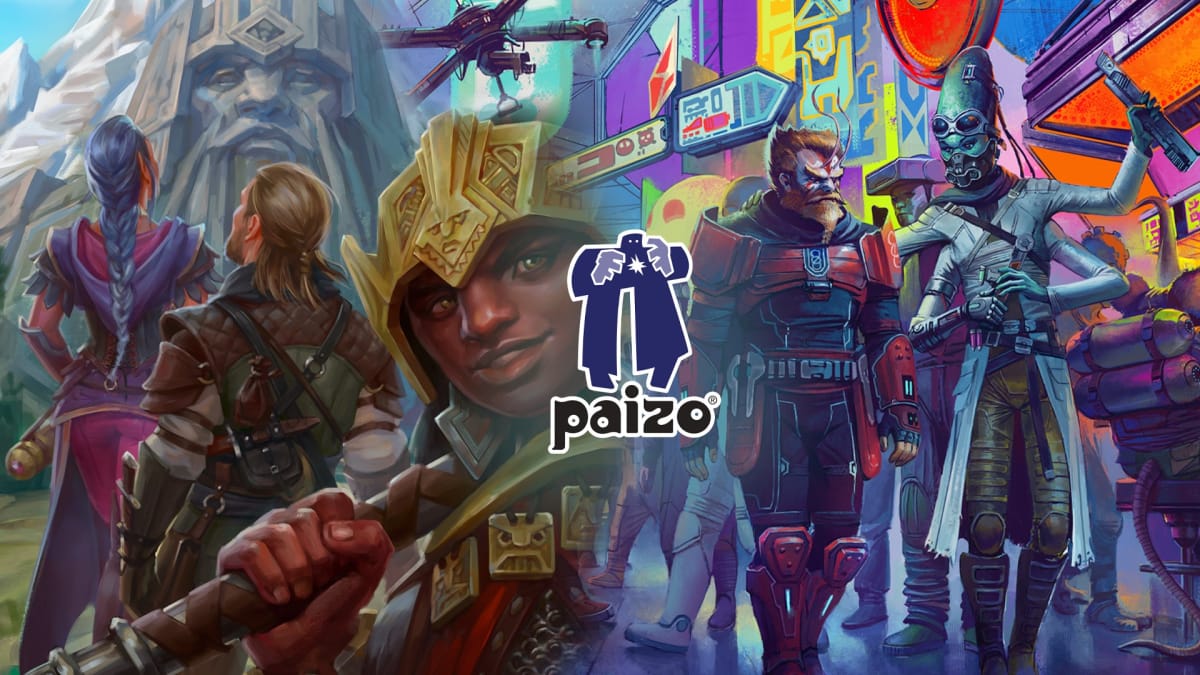 The logo for Paizo Inc, surrounded by artwork from both Pathfinder and Starfinder.