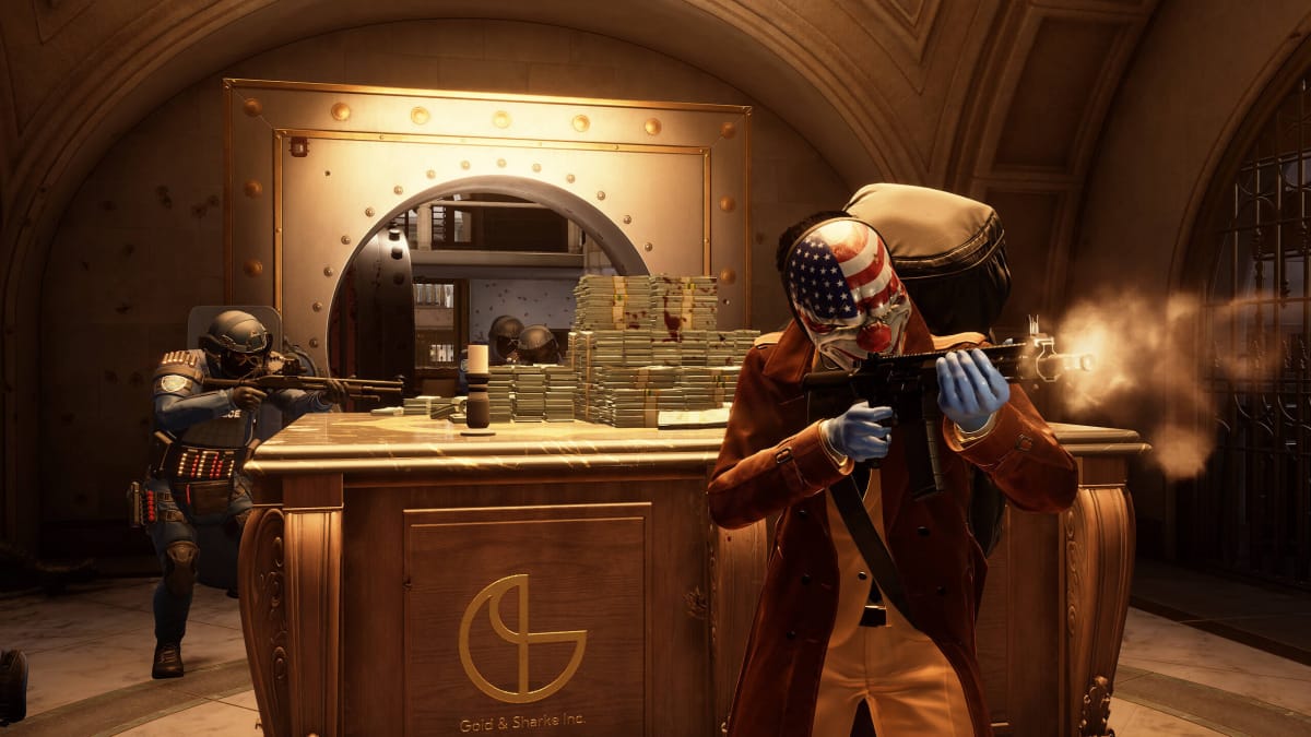 A masked heist perpetrator shooting while a riot cop aims a gun in the background in Payday 3