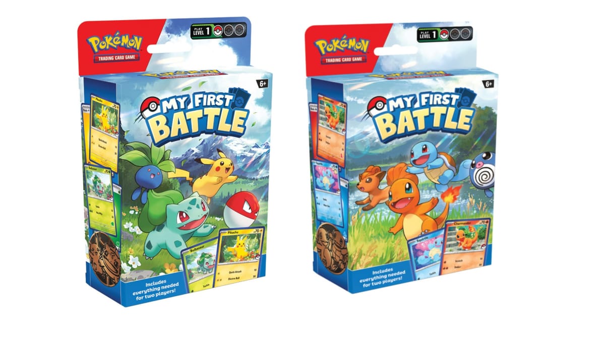 Box art of the Pokemon TCG My First Battle starter sets, complete with artwork of Bulbasaur, Pikachu, Charmander, Squirtle, Oddish, Poliwhirl, Vulpix, and Voltorb, on a white background.